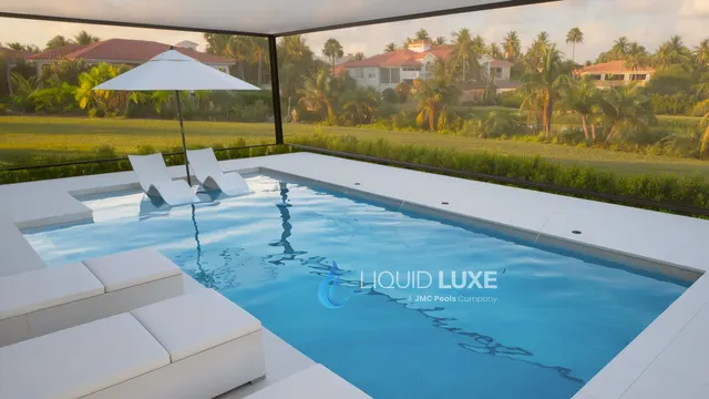 Render of the Hodes pool and outdoor kitchen, view 01 (day view)