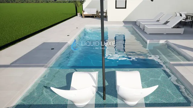Render of the Hodes pool and outdoor kitchen, view 04 (day view)