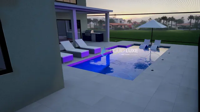 Render of the Hodes pool and outdoor kitchen, view 09 (night view)